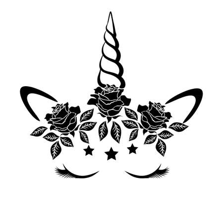 Vector unicorn face with closed eyes and wreath of flowers. Black outline isolated on a white background.のイラスト素材