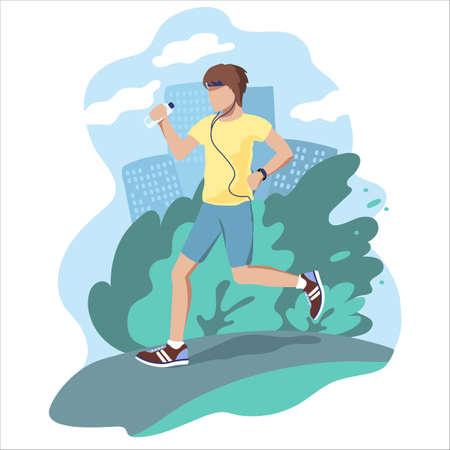 Young man runs along the road wearing headphones with a fitness bracelet and a bottle of water. Illustration of doing sports in nature and a healthy lifestyle.のイラスト素材