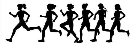 Girls and women run in a marathon, jogging. Black silhouettes on a white background. Illustration of sports and healthy lifestyle.のイラスト素材