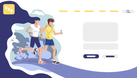 Young woman and man with headphones and fitness bracelets running in the park. Sports, jogging, healthy lifestyle, body care.のイラスト素材