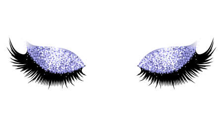 Womens fluffy eyelashes. Long lashes with sparkle glitter eyeshadow a white background.のイラスト素材