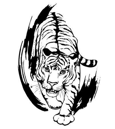 Tiger growls. Black silhouette of a walking tiger with brush strokes isolated on white background. Vector image.のイラスト素材