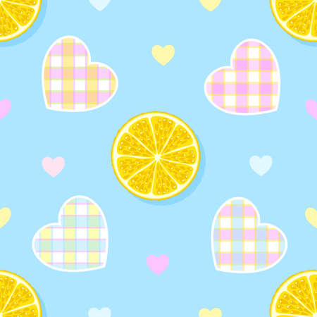 Seamless pattern of lemon slices with cute hearts.のイラスト素材