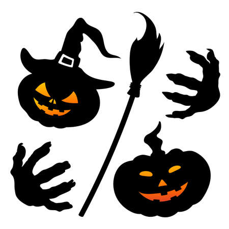 Set of silhouettes of pumpkins, witchs broom and hands with claws.のイラスト素材