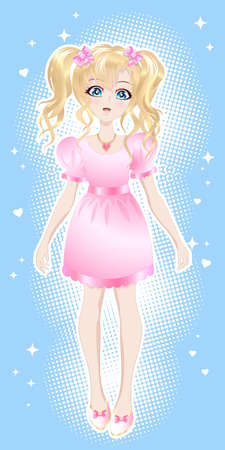 Blonde girl, in a pink dress in the style of anime, manga.のイラスト素材