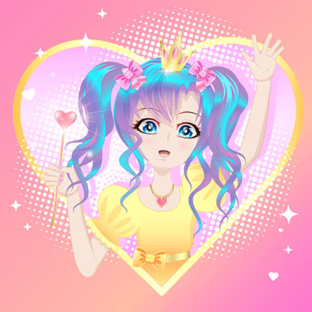 Girl in a princess crown with a magic wand in the style of anime, manga.のイラスト素材