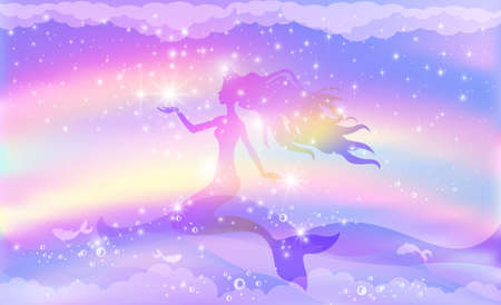 Silhouette of a princess mermaid swimming in the sea against the background of a rainbow sky with stars.のイラスト素材