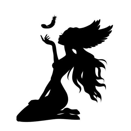 Silhouette of a girl with wings and a feather.のイラスト素材