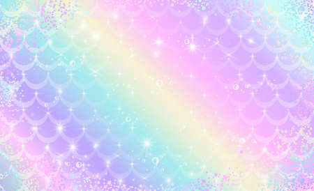 Mermaid rainbow scales. Fantasy holographic background in sparkling stars and bubbles for design. Vector illustration for children.のイラスト素材