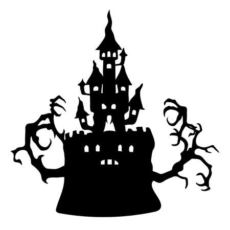 Silhouette of a sinister castle with tree branches for Halloween. Vector image on a white background.のイラスト素材