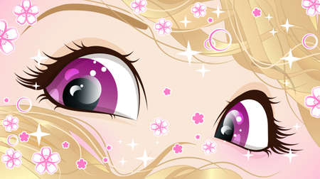 Pink eyes of a girl with blonde hair with sequins and flowers in anime style. Emotion of joy. Cute pink eyes stare. vector image.のイラスト素材