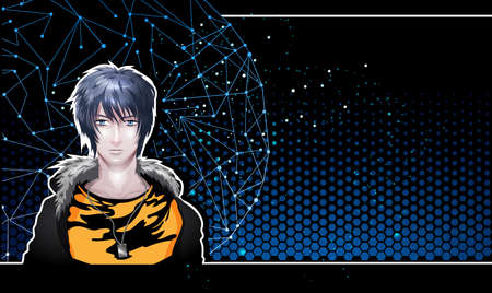Background with a young man with blue eyes in camouflage clothes in the style of manga and anime,...