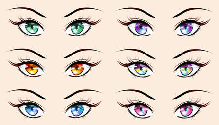 Set girl eyes in manga style. Vector image of eyes and eyebrows, separated from background.のイラスト素材