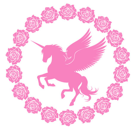 Unicorn with wings in a wreath of roses. Vector pink romantic pegasus silhouette.のイラスト素材