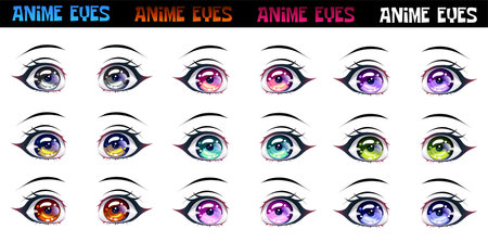 Set of female eyes of different colors in the style of anime or manga. The image is separated from the white background.のイラスト素材