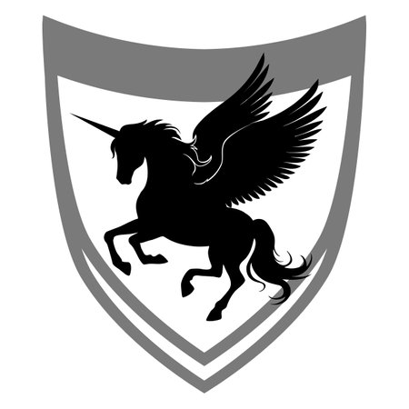 Unicorn with wings on a shield. Pegasus vector silhouette. Black and white image separated from the background.のイラスト素材