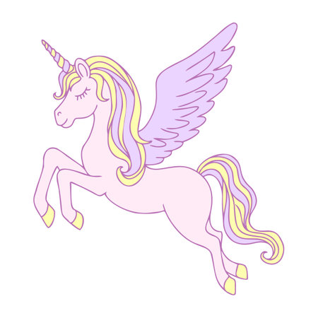 Hand-drawn flying magical unicorn with a heart. Contour on a white background.のイラスト素材