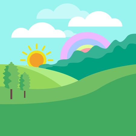 landscape background for forest,trees,sun,cloud,rainbow,mountain,vector illustrationsのイラスト素材