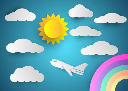 Paper cut of Airplane,Sun,Clouds,Rainbow,vector illustrationsのイラスト素材