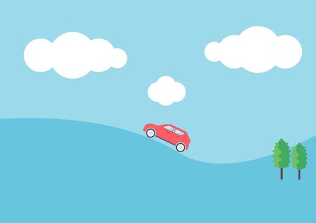 abstract background of car,cloud,trees,mountain in minimal style,vector illustrationsのイラスト素材