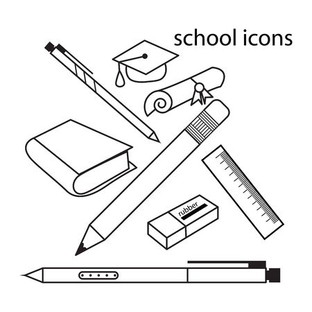 thin line icons back to school,pencil,rubber,book,pens,ruler,graduation cap,vector illustrationのイラスト素材