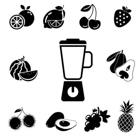 solid icons for blender,fruits,rambutan,avocado,cherry,pineapple,rose apple,orange,grape,strawberry,lemon,watermelon,vector illustrationsのイラスト素材
