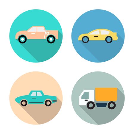 flat icon set for transportation,car,truck,pickup truck,vintage car in circle background,vector illustrationsのイラスト素材