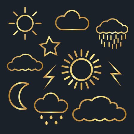 weather icons for cloud,moon,sun,rain,thunder,star,gold color,vector illustrationsのイラスト素材