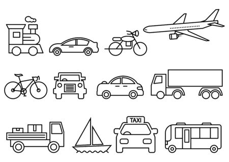 thin line icons set,transportation,Airplane,Car,Truck,Bus,Train,Bicycle,Car front,Motorcycle,Pickup truck,Boat,vector illustrationsのイラスト素材