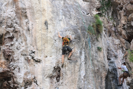 Krabi,Thailand,December,2013 Rock climbing is a popular activity of tourists Railay Beach のeditorial素材