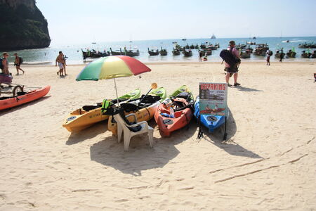Krabi,Thailand,December 15,2013.Kayak for rent,Kayaking is a popular activity of tourists at Railey beach.のeditorial素材