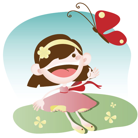Little girl sitting on grass and playing with butterflyのイラスト素材