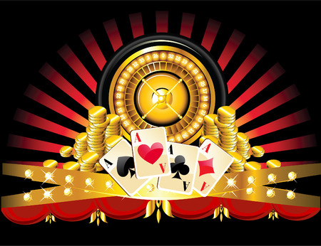golden roulette wheel with coins and playing cardsのイラスト素材