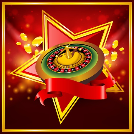 vector roulette wheel on red background with ribbonのイラスト素材