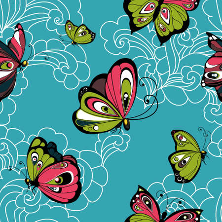 Flying butterflies on blue sky with white clouds seamless patternのイラスト素材
