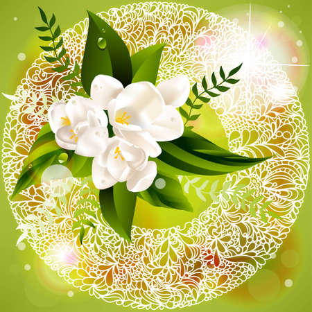 Vector fresh green abstract spring background with flowers のイラスト素材