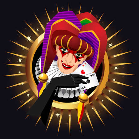 Smiling joker head with aces cards in his hand on shiny background.のイラスト素材