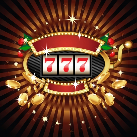 A slot fruit machine with cherry winning on 7s. Gold coins fly out at the viewer. A slot fruit machine with cherry winning on 7s. Gold coins fly out at the viewer.