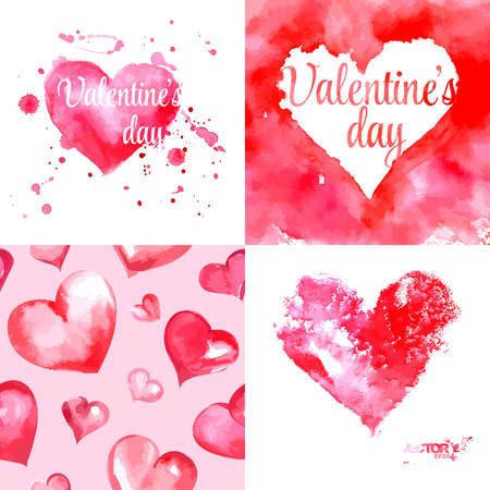 Set of vector watercolor Valentines day greeting card illustration with heartsのイラスト素材