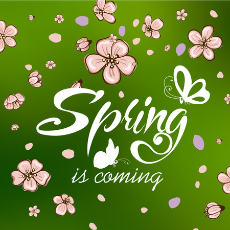 Typographic Design. Lettering Spring design on blurred background with butterflies and cherry blossom or sakura.のイラスト素材