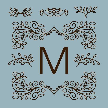 Monogram design. Vector floral outline frame or border - abstract template for spa, floral shops and cosmeticsのイラスト素材