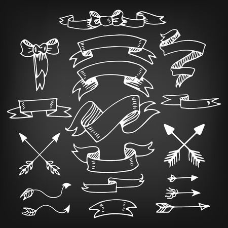 Set of Vintage Hand-Sketched Elements.Banners, Ribbons, Bows and Arrows for Summer and Retro Design. Hand Drawn Styleのイラスト素材
