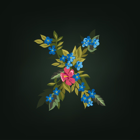 X letter. Flower  alphabet. Colorful font. Lowercase.  Vector illustration.のイラスト素材