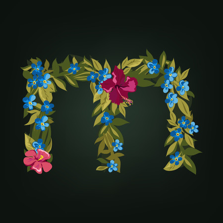 M letter. Flower  alphabet. Colorful font. Lowercase.  Vector illustration.のイラスト素材