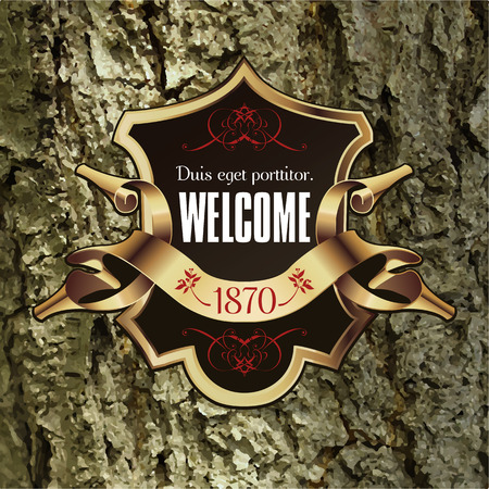 Vintage Lable frame for Business Identity, Restaurant, Hotel, Luxury Logos or Boutique. Elegant Retro Royalty Heraldic Design with Floral Elements. Vector Illustration Template Wood Bark Texture.のイラスト素材