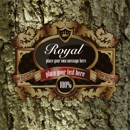 Vintage Lable frame for Business Identity, Restaurant, Hotel, Luxury Logos or Boutique. Elegant Retro Royalty Heraldic Design with Floral Elements. Vector Illustration Template Wood Bark Texture.のイラスト素材