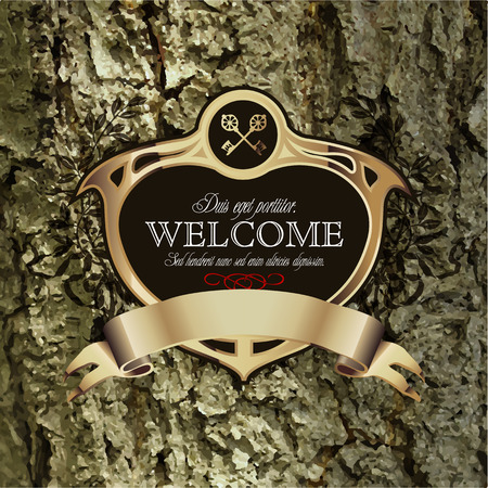 Vintage Lable frame for Business Identity, Restaurant, Hotel, Luxury Boutique. Elegant Retro Royalty Heraldic Design with Floral Elements. Vector Illustration Template Wood Bark Texture.のイラスト素材