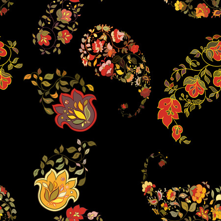 Oriental  paisley seamless pattern with black background.  Floral background.のイラスト素材