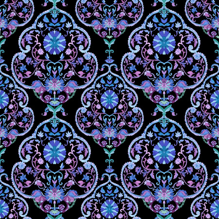 Watercolor boho paisley seamless pattern. Cold colors. Indian, persian or turkish art. Vector...
