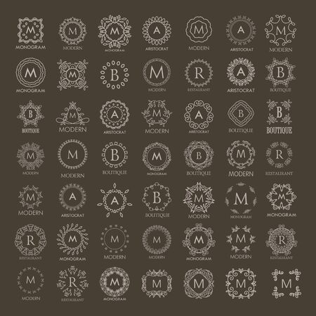Big bunch of luxury, simple and elegant monogram design templates. Good for labels and logos. Vector illustration. Line style.のイラスト素材